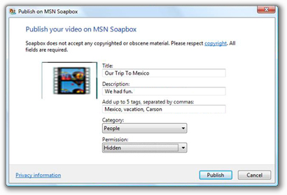 Windows Live Movie Maker con MSN Soapbox o Youtube